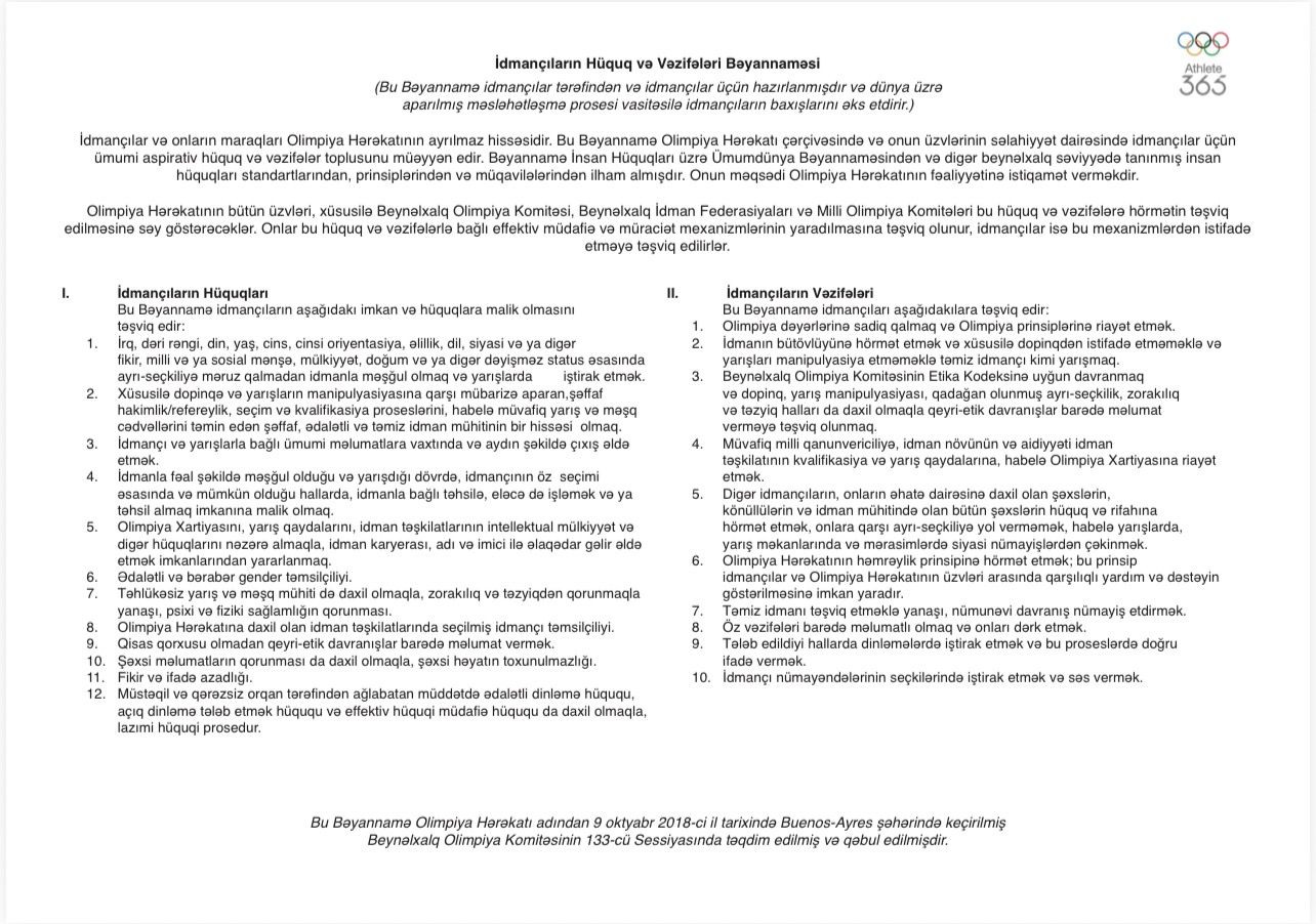 BOK-un bəyannaməsi idmançıların hüquq və vəzifələrini təşviq edir